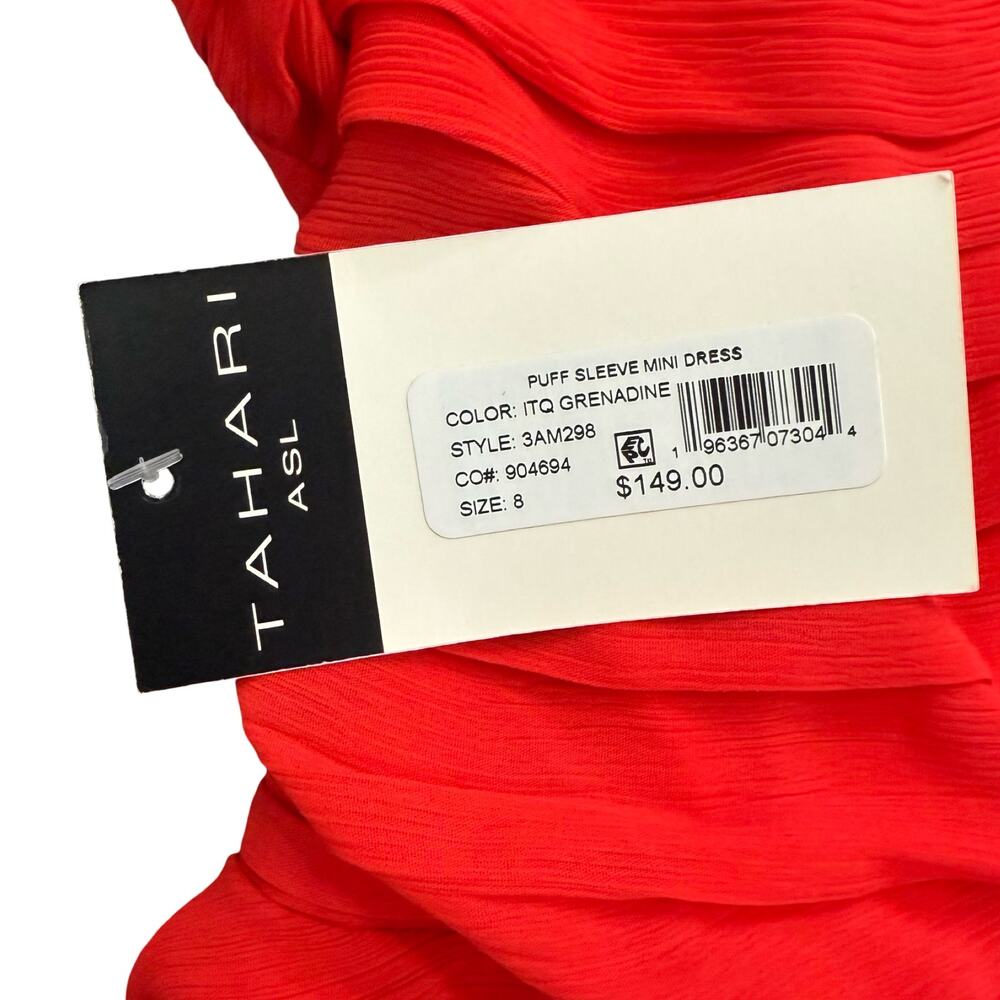 Tahari ASL Cherry Red Chiffon Short Puff Sleeve Notch Mini Dress size 8 NEW Tags - Picture 5 of 11